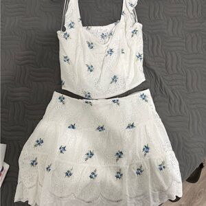 White Eyelet Two-Piece Mini Dress with Blue Floral Embroidery